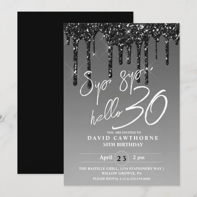 Invitation Parties scintillant moderne en argent noir 30e fêt (Devant / Derrière)