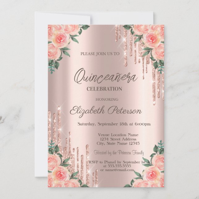 Invitation Parties scintillant moderne gouttes Rose Floral Or (Devant)