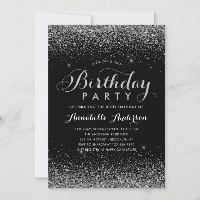 Invitation Parties scintillant moderne noir gris étincelle N' (Devant)