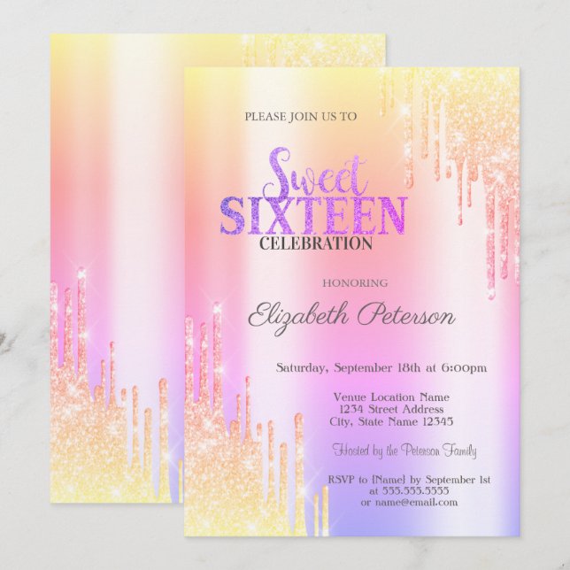 Invitation Parties scintillant moderne Ombre Drips Sweet 16 (Devant / Derrière)