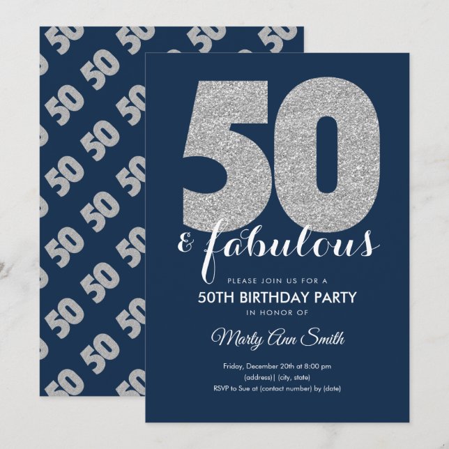 Invitation Parties scintillant moderne Silver Navy 50 et anni (Devant / Derrière)