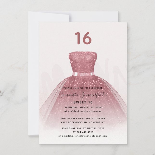 Invitation Parties scintillant moderne Sweet 16 Script Rose o (Devant)