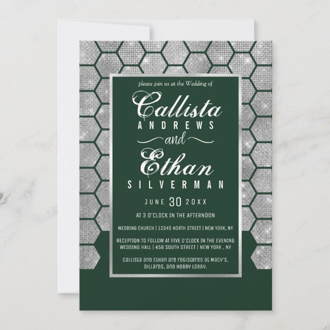 Invitation Parties scintillant moderne verte en argent Hexago (Devant)