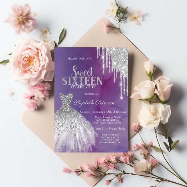 Invitation Parties scintillant modernes en argent, Robe Viole (Créateur téléchargé)