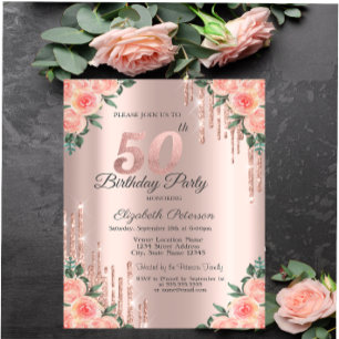 Invitation Parties scintillant modernes  Rose Floral Gold 50e