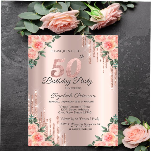 Invitation Parties scintillant modernes  Rose Floral Gold 50e (Créateur téléchargé)