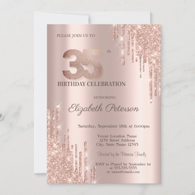 Invitation Parties scintillant modernes Rose Gold 35e anniver (Devant)