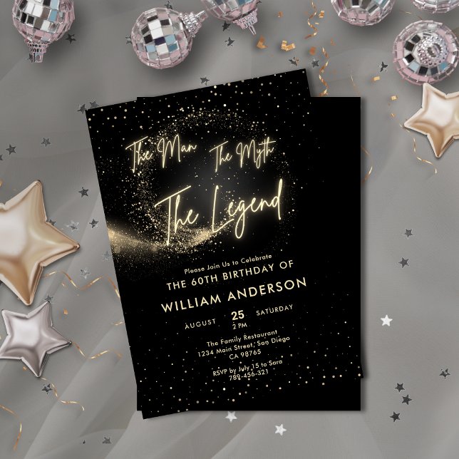 Invitation Parties scintillant Noir & Or L'Homme Le Mythe La  (Glitter Black & Gold The Man The Myth The Legend Invitation )