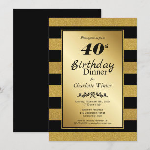 Invitation Parties scintillant Noir & Or rayé 40e dîner d'ann