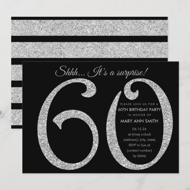 Invitation Parties scintillant Noire Argent Surprise 60e fête (Devant / Derrière)
