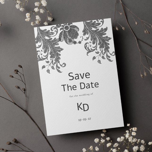 Invitation Parties scintillant noire blanche dentelle florale (Black white glitter floral lace Save The Date )