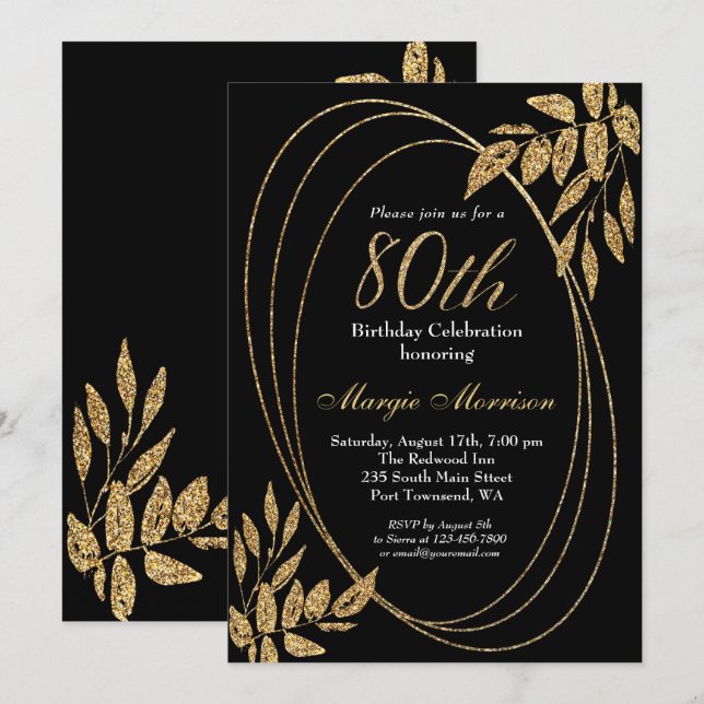Invitation Parties scintillant Noire d'or 80e anniversaire (Devant / Derrière)