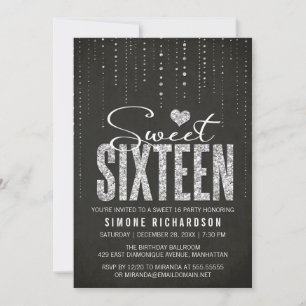 Invitation Parties scintillant noire et argent Sweet 16