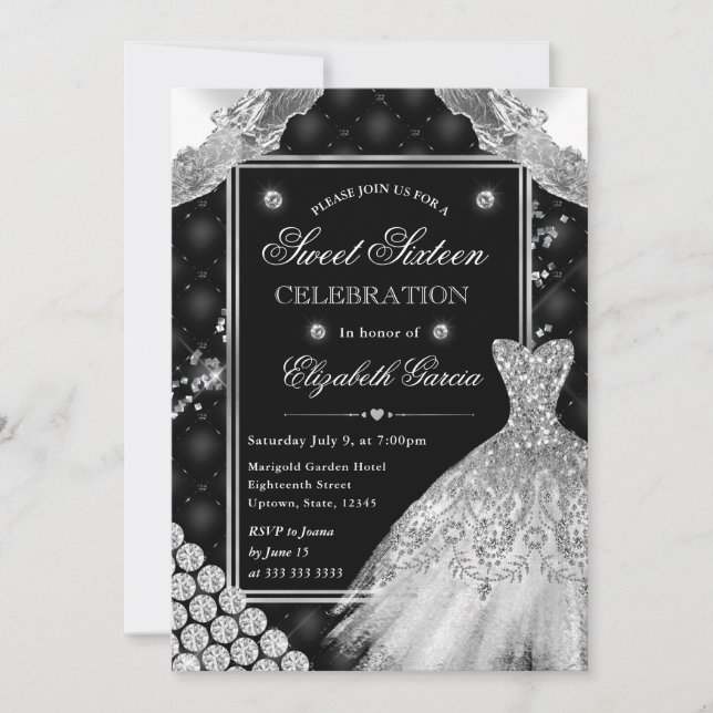 Invitation Parties scintillant noire et argent Sweet sixteen (Devant)