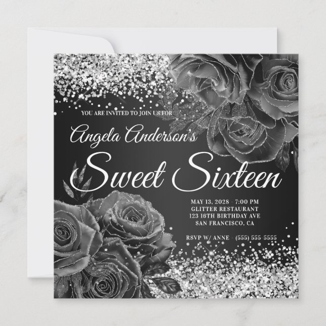 Invitation Parties scintillant noire et argentée Sweet sixtee (Devant)