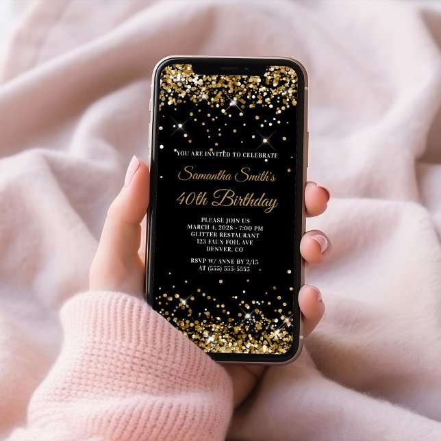 Invitation Parties scintillant noire et or 40e anniversaire (Black and Gold Glitter 40th Birthday Invitation)