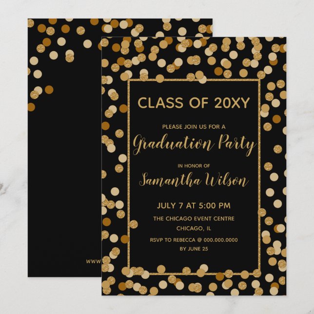Invitation Parties scintillant Noire et Or Confetti Graduatio (Devant / Derrière)