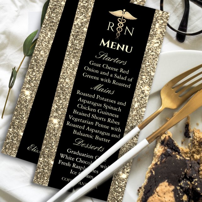 Invitation Parties scintillant noire et or Médicale Menu Grad ("Elegant black and gold graduation menu – a perfect touch of luxury for your celebration!🎓#Graduate)
