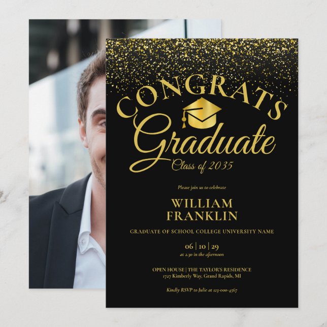 Invitation Parties scintillant Noire Et Or Photo Graduation P (Devant / Derrière)