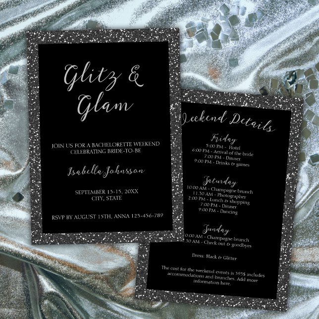 Invitation Parties scintillant noire Glitz & Glam Week-end Ba (Glitz & Glam Black Glitter Bachelorette Weekend Invitation silver)