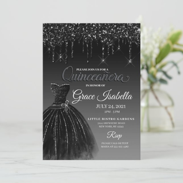 Invitation Parties scintillant noire goutte Quinceanera Anniv (Debout devant)