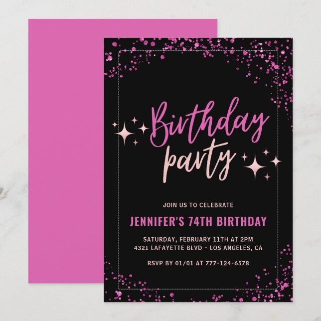 Invitation Parties scintillant noire rose glam 74e anniversai (Devant / Derrière)