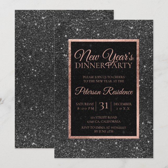 Invitation parties scintillant noire rose or luxe élégant Nou (Devant / Derrière)