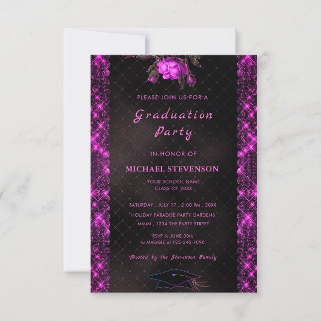 Invitation Parties scintillant noire rose QR Code Graduation  (Devant)