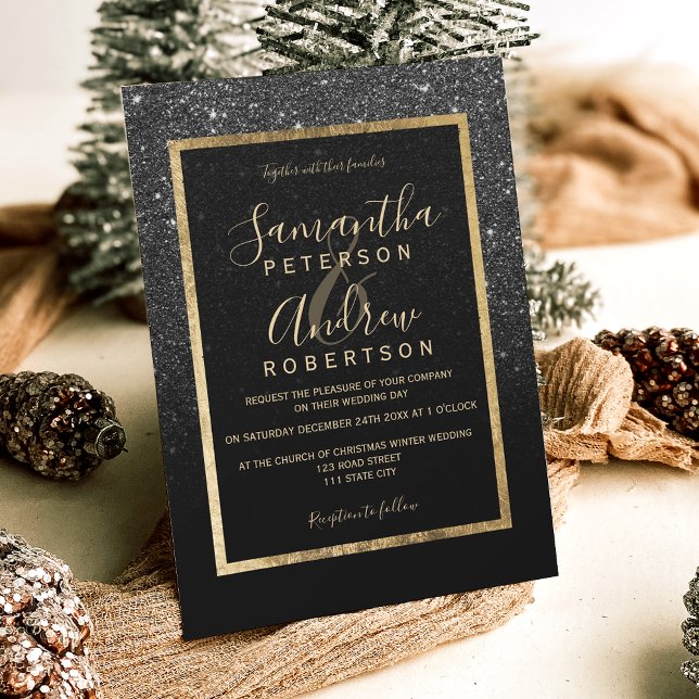 Invitation Parties scintillant noire typographie or chic mari (Black glitter gold typography chic winter wedding invitation)