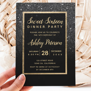 Invitation Parties scintillant noire typographie or Sweet 16