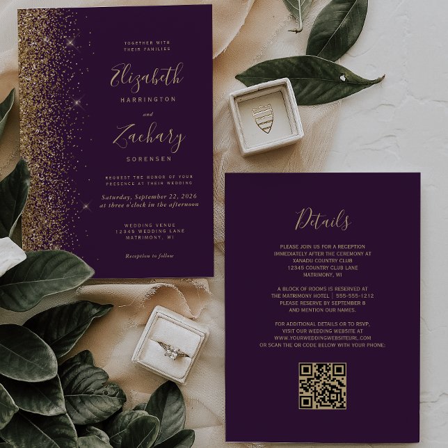 Invitation Parties scintillant noire violet or Faux  QR Code  (Créateur téléchargé)