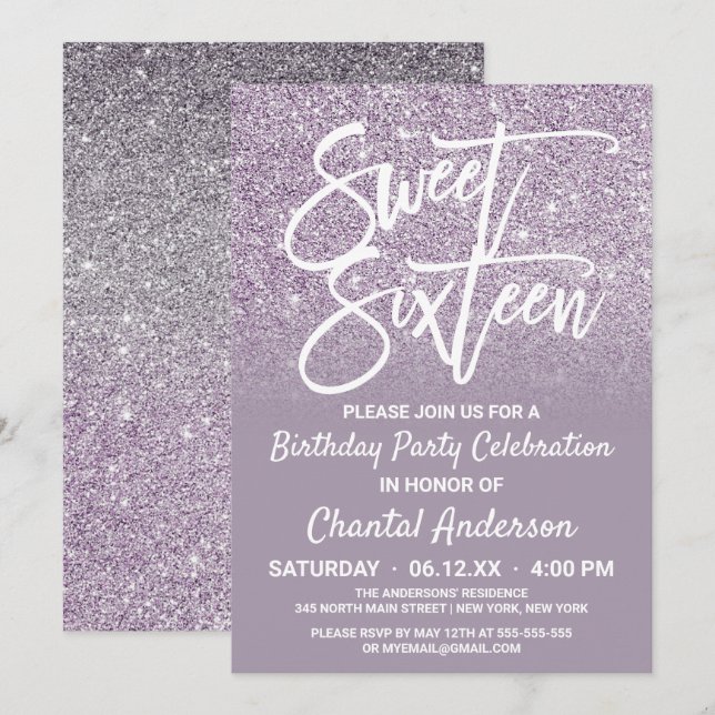 Invitation Parties scintillant Ombre de Dusty Purple Grey Fau (Devant / Derrière)