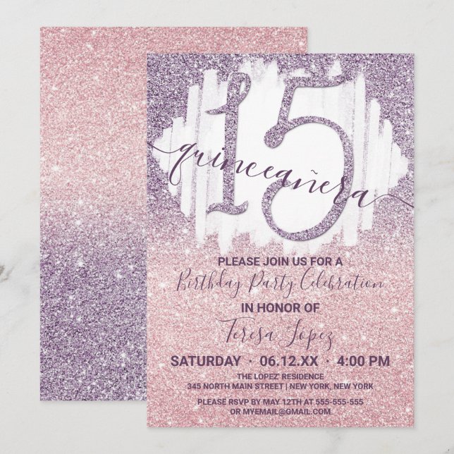 Invitation Parties scintillant Ombre Quinceañera (Devant / Derrière)