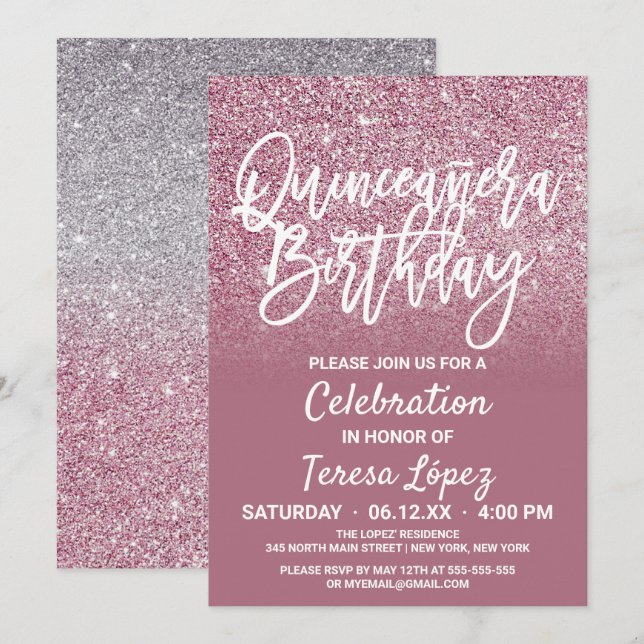 Invitation Parties scintillant Ombre Quinceañera Cassis Pink  (Devant / Derrière)