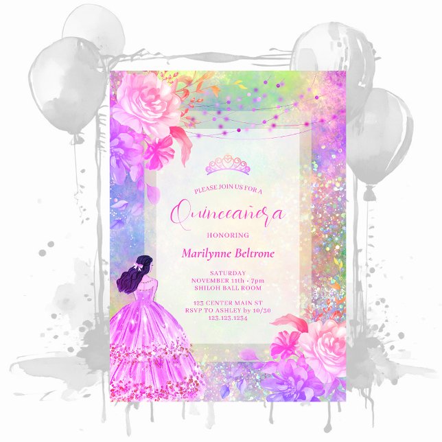 Invitation Parties scintillant Opal Princess Rainbow Quinceañ (Créateur téléchargé)