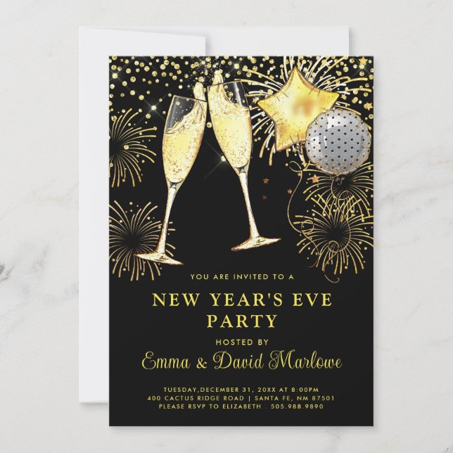 Invitation Parties scintillant Or 2024 du Nouvel An sur Noir (Devant)