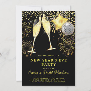 Invitation Parties scintillant Or 2024 du Nouvel An sur Noir