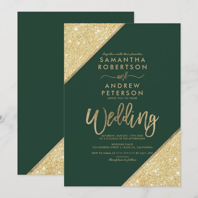 Invitation Parties scintillant or bandes typographie vert fon (Devant / Derrière)