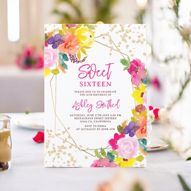 Invitation Parties scintillant or boho audacieuse photo flora (Gold glitter boho bold floral photo Sweet 16 Invitation)