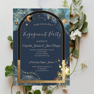 Invitation Parties scintillant Or Céleste Soleil Et Lune Or