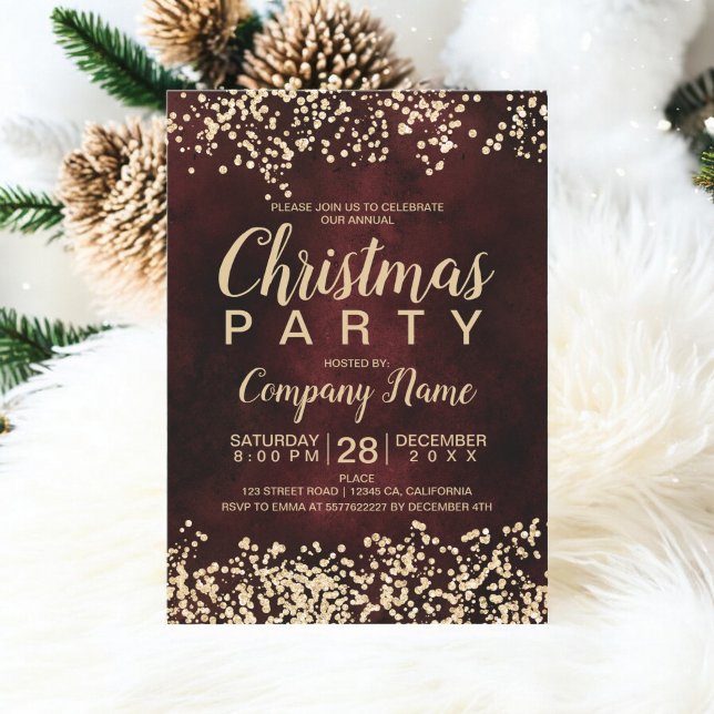 Invitation Parties scintillant or chic rouge entreprise fête  (Chic gold glitter red corporate Christmas party Invitation)