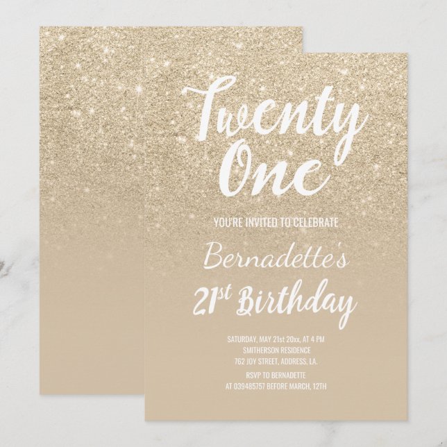 Invitation parties scintillant or clair ombre perle 21e anniv (Devant / Derrière)