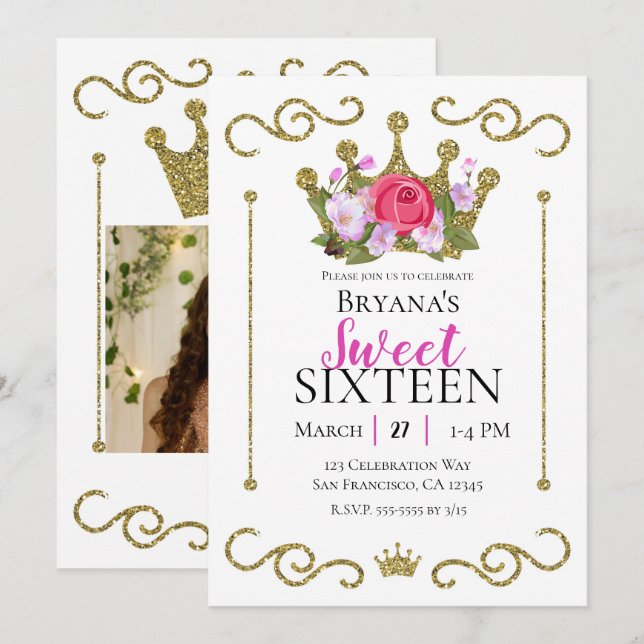 Invitation Parties scintillant or Couronne Floral Photo Sweet (Devant / Derrière)