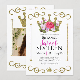 Invitation Parties scintillant or Couronne Floral Photo Sweet