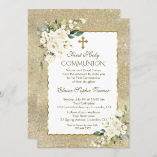 Invitation Parties scintillant Or de luxe Fleurs blanches Pre