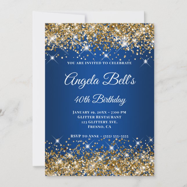 Invitation Parties scintillant Or Deep Blue Ombre Fancy Monog (Devant)