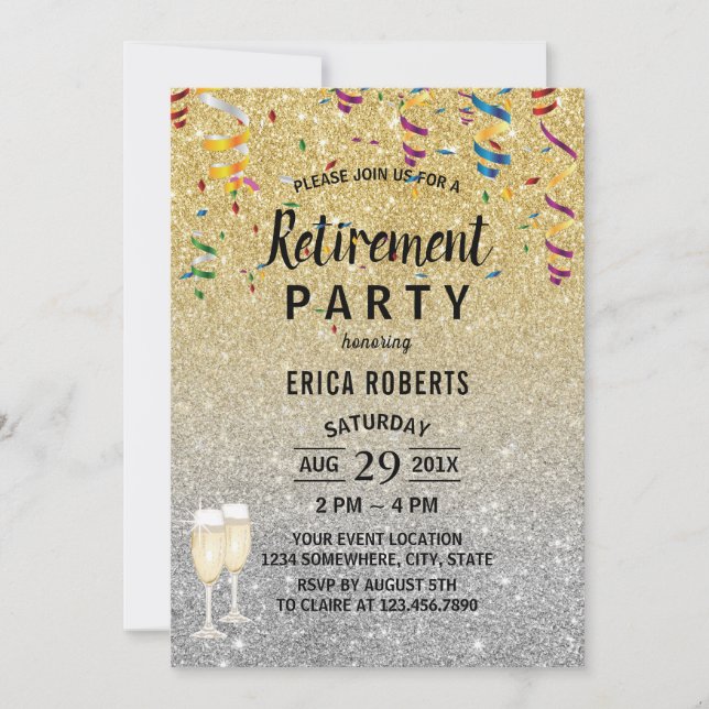 Invitation Parties scintillant or et argent moderne de retrai (Devant)