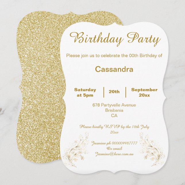 Invitation Parties scintillant OR ET BLANC ÉLÉGANTE ANNIVERSA (Devant / Derrière)