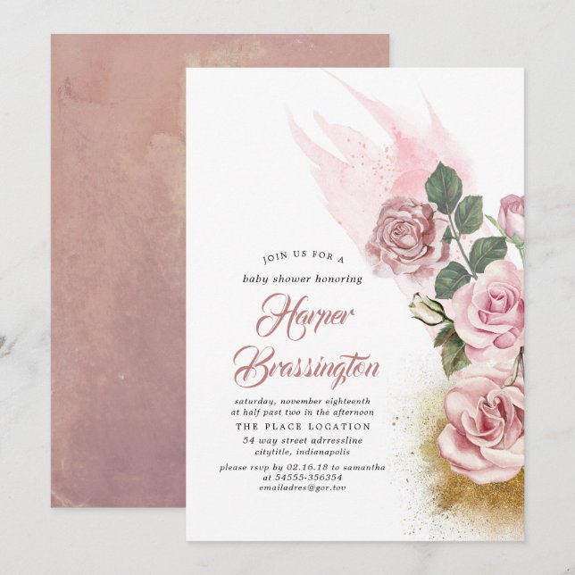 Invitation Parties scintillant or et Rose Dusty Baby shower f (Devant / Derrière)