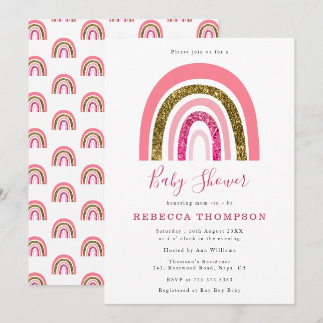Invitation Parties scintillant or et rose jolie Baby shower a (Devant / Derrière)